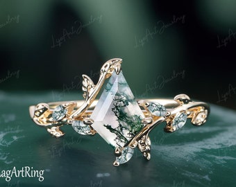 Anel de noivado de ágata musgo natural com corte de pipa, anel de promessa de ouro amarelo 14K para ela, anel de noivado com folha, anel de pedra preciosa verde, joias, presentes para mulheres