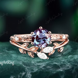 Vintage Alexandrit Verlobungsring, einzigartiger Versprechensring, massiver 14k Roségoldring, Brautring-Set, Naturinspirierter Ring zum Jahrestag