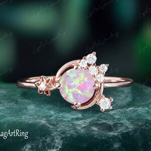Rosa Opal Verlobungsring 14K Rose gold Mond Versprechen Ring für sie Stern und Halbedelstein Brautring Art-Deco-Ring Jahrestag Geschenke