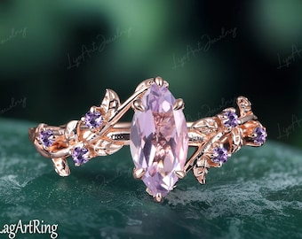 Marquise Lavender amethyst Engagement ring Solid 14K Rose gold Promise Ring Vintage ring Unique Nature Inspired Leaf Ring Anniversary Gifts