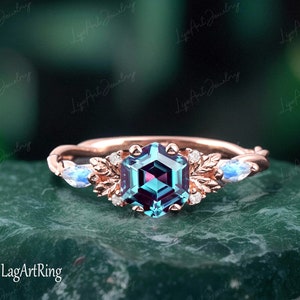 Hexagon Alexandrite engagement ring Solid 14K rose gold Promise Ring Vintage Twist ring Unique Nature Inspired Leaf Ring Anniversary Gifts