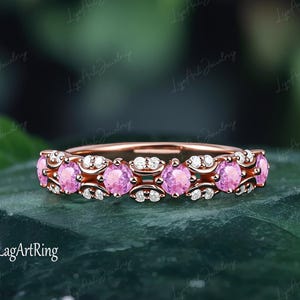 Pink sapphire Wedding band,14K Rose Gold Moissanite Wedding Ring,Cluster Promise ring,Alternative Gemstone Statement ring,Anniversary Gifts