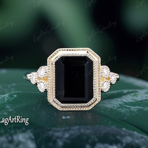 Unique 4CT Black onyx Engagement Ring Vintage 14k Yellow Gold Promise Ring for her  Art Deco Moissanite Promise Ring Anniversary Gift Women