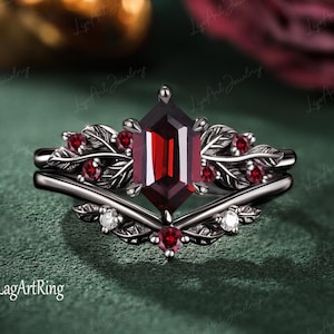 Gotische lange zeshoekige granaat verlovingsring zwart gouden belofte ring voor haar blad bruids set alternatieve edelsteen ring jubileumcadeaus vrouwen
