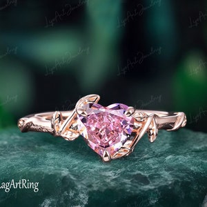 Heart Pink sapphire Engagement ring Solid 14K Rose gold Promise Ring for her Art dceo Ring Unique Leaf and Vine Ring Anniversary Gifts Women