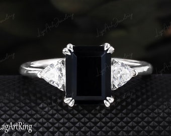 4ct Emerald Cut Black Onyx Engagement Ring Vintage Moissanite 14K Yellow Gold Engagement Ring for Women Bridal Anniversary Gift for Her