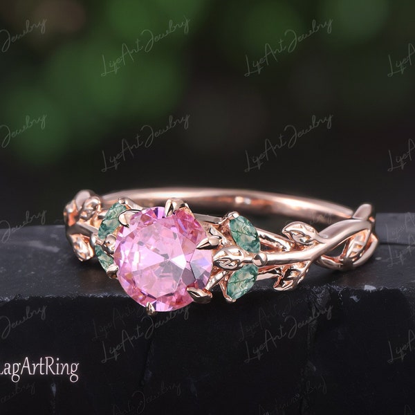 Pink sapphire engagement ring Vintage 14k Rose gold Ring Leaf and nature inspired ring with marquise cut perfect for bridal wedding ring set
