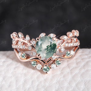 Natural moss agate Engagement Ring 14k Solid Rose Gold Promise ring Alternative Gemstone Nature Inspired Leaf Bridal set Anniversary gifts