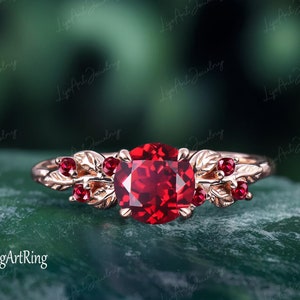 Ruby Engagement Rring Rose Gold Promise Ring for her Leaf Nature Inspired Bridal Ring June Gemstone Art Deco Ring Anniversary Jewelry Gifts