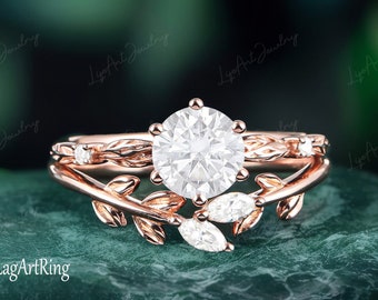 Vintage Moissanite Engagement Ring Set,Unique Promise Ring,Leaf and Vine Rose Gold Ring,Art Deco Bridal Ring set,Nature Inspired Ring