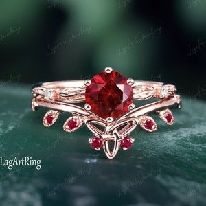 Lab Created Ruby Engagement Ring set Rose Gold Ring for women Leaf Design Bridal set Nature inspired Diamond Ring Anniversary ring for her
