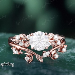 Moissanite Engagement ring set 14K Rose Gold Promise Ring for her Diamond Leaf Nature Inspired Bridal Sets Jewelry Anniversary gifts Women