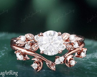 Moissanite Engagement ring set 14K Rose Gold Promise Ring for her Diamond Leaf Nature Inspired Bridal Sets Jewelry Anniversary gifts Women