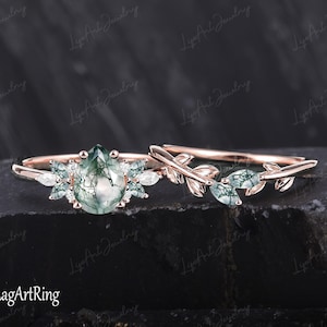 Unique Pear shaped Moss agate Engagement Ring Set 14K solid Rose Gold Promise Ring Vintage Leaf ring Cluster Bridal Set Anniversary Gifts