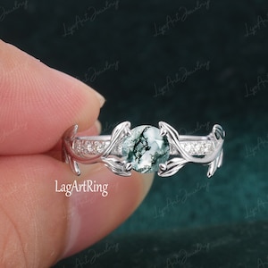 Natural Moss Agate Engagement ring Solid 14K Rose gold Promise Ring for her Vintage ring Unique Nature Inspired Leaf Ring Anniversary Gifts