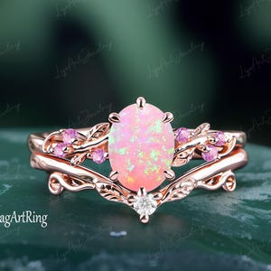Oval Fire Pink Opal Engagement ring 14k Rose Gold Promise Ring for her Leaf Design Bridal sets October Birthstone Ring Jewelry gifts Women
