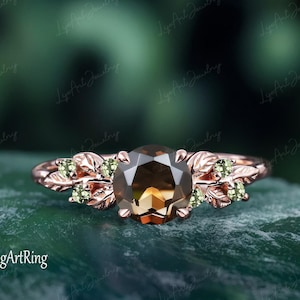 Unique Smoky Quartz Engagement ring 14K Rose Gold Promise Ring for her Leaf Bridal ring Alternative Gemstone Ring Anniversary gifts Women