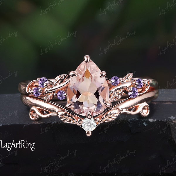 Pear Shaped Morganite Engagement ring 14k Rose Gold Promise Ring Leaf Nature Inspired Bridal Ring set  June Gemstone Ring Jewelry gifts