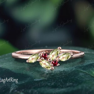 Marquise Peridot Wedding band,Solid 14K Rose Gold Ruby Wedding band for her,Dainty Promise ring,Cluster Match Band,Anniversary Wedding Band