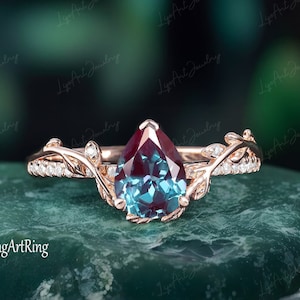 Pear alexandrite engagement ring solid white gold promise ring leaf nature inspired wedding bridal ring  art deco ring anniversary women