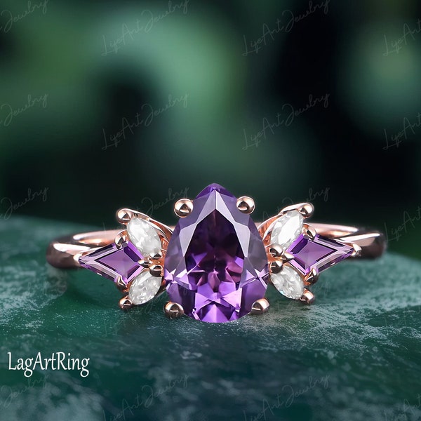 Pear Amethyst Engagement ring 14K Rose Gold Promise Ring for her Kite cut Purple Crystal Ring Feb Birthstone Bridal set anniversary gifts