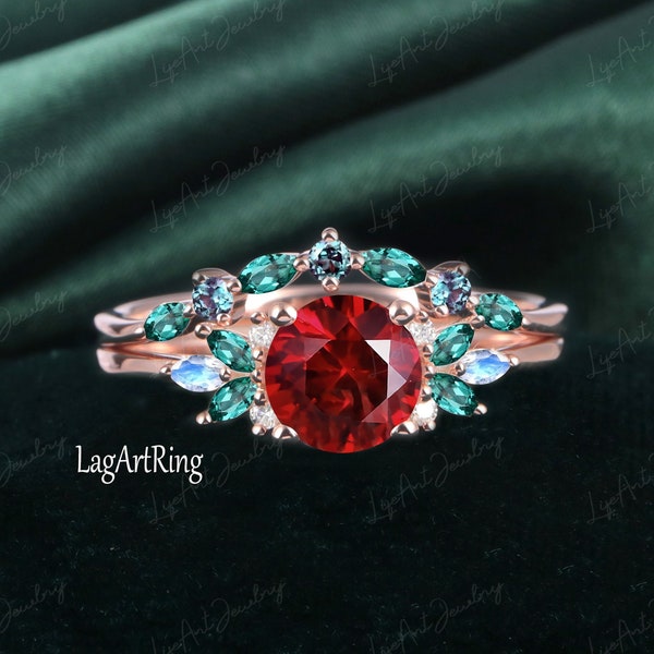 Unique Lab created Ruby Engagement Ring Rose Gold Ring Women Alexandrite Ring Vintage Promise ring Cluster Bridal Set Wedding Ring for her