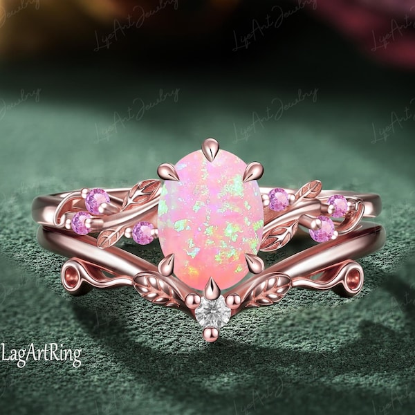 Oval Fire Pink Opal Engagement ring 14k Rose Gold Promise Ring for her Leaf Design Bridal sets October Birthstone Ring Jewelry gifts Women