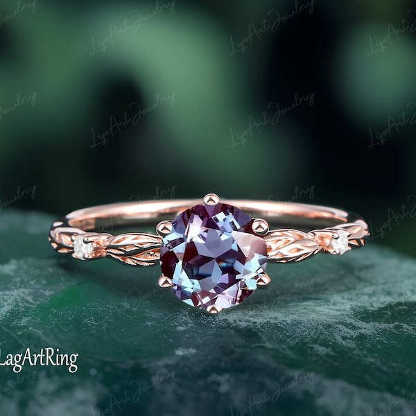 Alexandrite Engagement ring,Rose Gold Engagement Ring Women,Uniuqe Leaf Design Promise Ring,Moissanite/Dimoand Bridal Ring,Anniversary ring