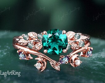 Anillo de compromiso único con esmeralda, oro rosa de 14 quilates, inspirado en la naturaleza, para novias, piedras preciosas verdes, platino, regalo de aniversario.