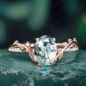 Oval cut Moss agate engagement ring 14k rose gold promise ring Leaf Ring Green Gemstone Ring Women Art Deco Bridal set Anniversary Gifts