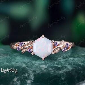Hexagon Opal Verlobungsring 14K Rose Gold Versprechen Ring Blatt Natur inspiriert Brautring Oktober Birthstone Ring Jahrestag Geschenke Schmuck