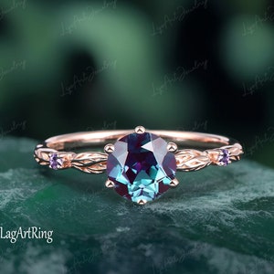 Alexandrite Engagement ring,Solid 14K Rose Gold Promise Ring,Alternative gemstone Ring,Leaf Nature inspired Ring,Anniversary Gifts for her