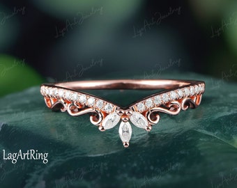 Curved Marquise Moissanite/Diamond Wedding Band,14K Solid Rose Gold Vine Band,Unique Wedding Band,Matching Ring,Promise Ring for Women