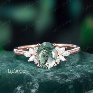 Oval Moss agate Engagement Ring 14k solid Rose Gold Promise Ring for her Cluster Diamond Ring Vintage ring Unique Anniversary Gifts Women