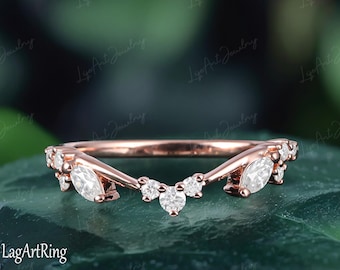 Marquise Moissanite Wedding Band,14K Rose Gold Wedding Band,Unique Curved Stacking Band,Matching Ring,Diamond Promise Ring,Anniversary Gifts