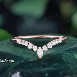 Marquise Schnitt Moissanit Gebogener Ehering Einzigartige 14K Rose Gold Ehering Diamantring Braut Stapelring Frauen Jahrestag Geschenke