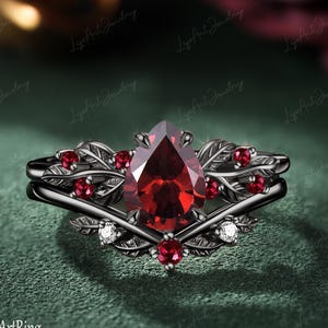 Päronformad granat förlovningsring set 14k svart guld löfte ring blad design brudset gotisk januari födelsesten ring jubileumspresenter