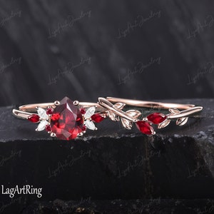 Unique Pear shaped Lab created Ruby Engagement Ring Rose Gold Engagement Ring Vintage Leaf Promise ring Cluster Bridal Set Wedding Ring