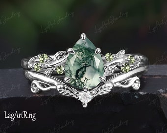 Pear cut Moss Agate Engagement ring 14K White Gold Promise Ring For Her Leaf Nature Inspired Bridal Ring Green Gemstone Ring Jewelry gifts