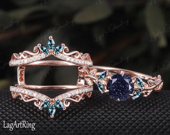Anillo de compromiso de arenisca azul Set Uniuqe Anillo de oro rosa de 14k Hoja y anillo inspirado en la naturaleza Conjunto de anillo de bodas nupcial de Alejandrita con corte marquesa