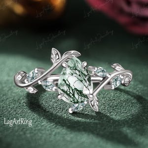 Peervormige mosagaat verlovingsring 14K roségouden beloftering blad natuur geïnspireerde bruidssets groene edelsteen ring sieraden cadeaus voor haar