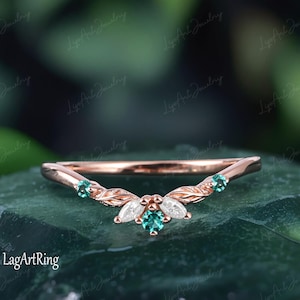 Marquise Moissanite/Diamond Curved Wedding Band,14K Rose Gold Matching Band,Unique Leaf Wedding Band,Emerald Promise Ring,Anniversary Gifts