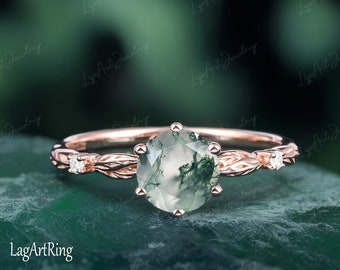Uniuqe Moss agate Engagement ring,Rose Gold Engagement Ring for Women,Leaf Design Promise Ring,Nature Inspied Bridal Ring,Anniversary ring