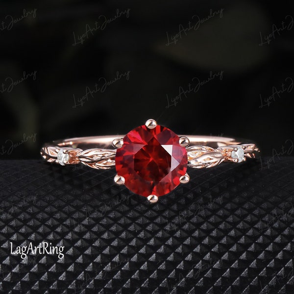 Bague de fiançailles Ruby créée en laboratoire, bague de fiançailles en or rose pour femmes, bague de promesse Uniuqe Leaf Design, bague de mariée en diamant, bague d'anniversaire