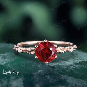 Lab gemaakt Ruby verlovingsring, roségouden verlovingsring vrouwen, Uniuqe Leaf Design beloftering, diamanten bruidsring, jubileumring