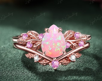 Pear cut Pink Opal Engagement ring set 14K Rose Gold Promise Ring Leaf Nature Inspired Bridal Sets Oct Gemstone Ring anniversary gifts