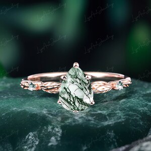 Natuurlijke perenmosagaat verlovingsring 14K roségouden verlovingsring voor vrouwen Leaf and Vine Ring Nature Inspied Ring Verjaardagscadeaus