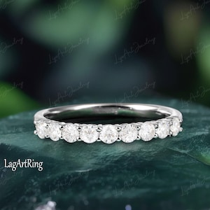 Moissanite wedding band Solid 14k White gold  Ring band women vintage Unique half Eternity Stacking Matching Bridal Promise Anniversary Gift