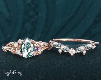 Unique Pear cut Moss agate Engagement Ring 14K solid Rose Gold Promise Ring Vintage Cluster Ring Nature Inspired Ring Anniversary Gifts