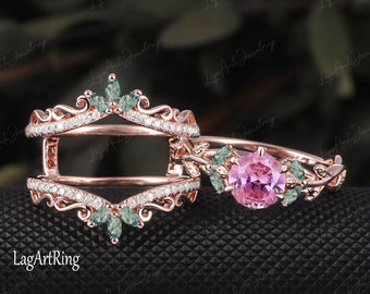 Anello di fidanzamento doppio con zaffiro rosa Set Anello di promessa in oro rosa 14k vintage Anello nuziale ispirato alla foglia e alla natura Anello unico per lei